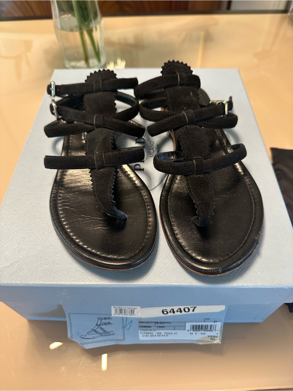 Prada gladiator black suede sandal size 37